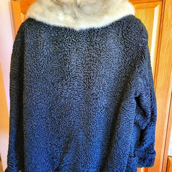 Vtg 1960's Black Broadtail Persian Lamb Fur Jacket with Grey Mink Fur Collar - Picture 8 of 16